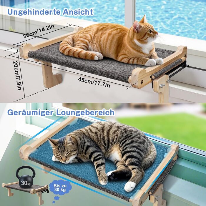 Котів гамак для вікна, лежанка для котів, міцна велика гамак для котів, дерев'яне ліжко для котів на вікно зі знімним товстим чохлом, зручне ліжко для котів на підвіконня, економне місце до 30 кг, чорний