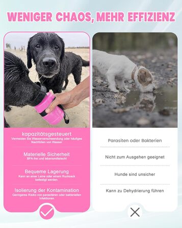 Складана пляшка для води для собак Lesotc, 520 мл, рожева - витоки виключені, для прогулянок, подорожей та кемпінгу