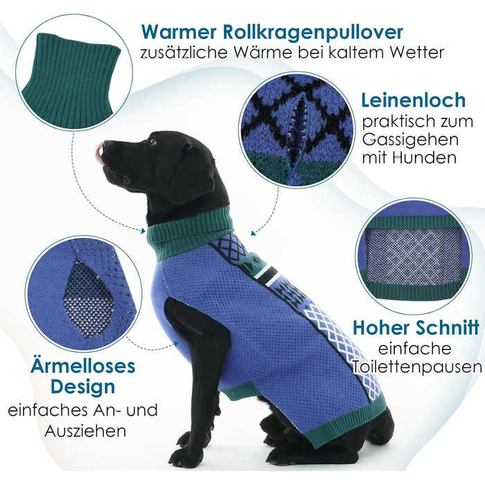 Пуловер для собак Katzinst з коміром-стойкою, з отвором для повідка | Легкий та теплий пуловер для великих собак, без рукавів, зимовий одяг для собак, зелений, 3XL, зелений (L, синій)