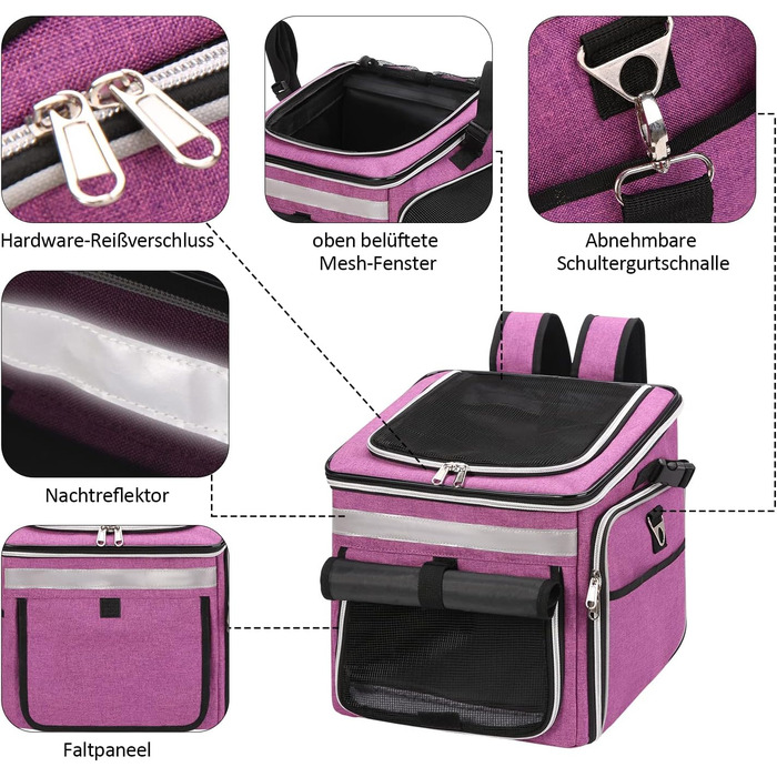 Сумка на велосипед для тварин (собаки, коти), рюкзак для домашніх улюбленців з сіткою, складана переноска для собак та котів до 6 кг (фіолетовий, 53 x 29 x 33 см)