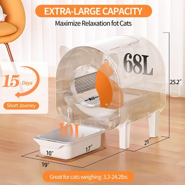 Автоматичний лоток для котів 68л з самоочищенням, з APP-керуванням, захистом та нейтралізатором запаху, з килимком та 2 рулонами сміттєвих пакетів, для кількох котів