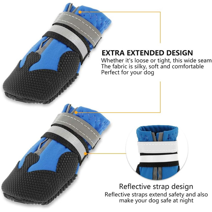 Водонепроникні чоботи для собак Bau+Schwarz, 4 шт. - захист лап для малих, середніх та великих собак, з відбиваючими ременями, блакитні (XXL)