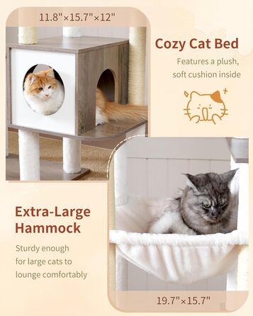 Дерев'яний когтеточка Heybly Kratzbaum 179 см з будиночком та гамаком, HCT121WB (Вінтаж-Сірий)