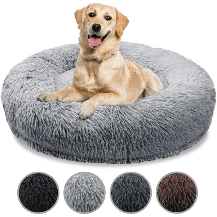 Ортопедичне ліжко для собак великих порід, 120 см, Donut подушка, Memory Foam, круг, кошик для собак, м'яке, плюшеве, штучне хутро, колір: світло-сірий, XL-120 см, світло-сірий