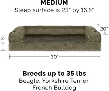 Ліжко для собаки Furhaven середнє з ортопедичним матрацом Memory Foam, штучне хутро і велюр, диван-стиль, знімний та праний чохол, темно-зелений