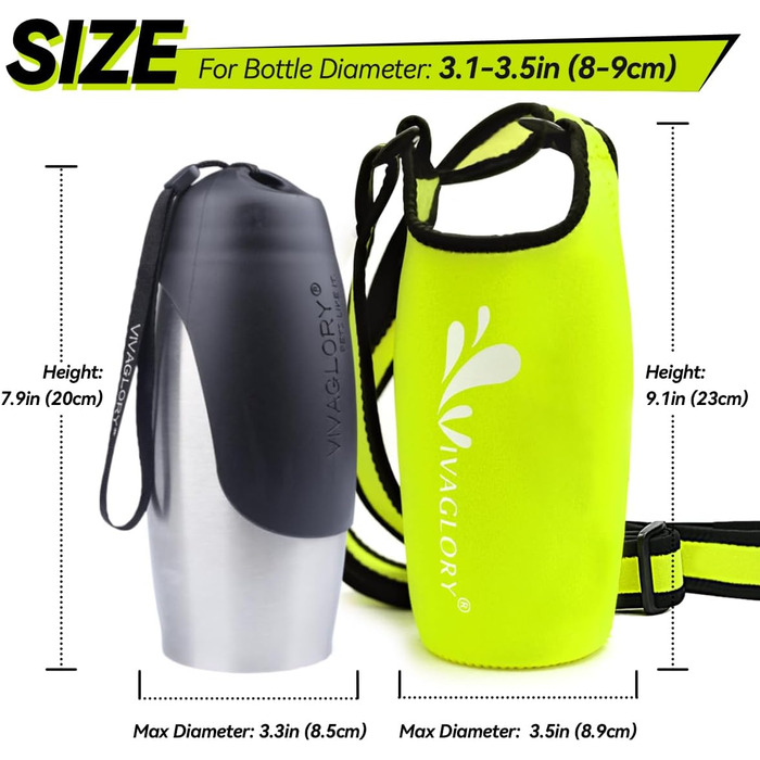 Фляга для води для собак VIVAGLORY з тримачем та плечовим ремінцем, 750 мл, неон-жовтий