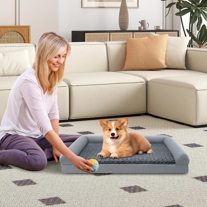 Ортопедичне ліжко для собак Costway великого розміру, диван-ліжко з подушкою, пінопласт, знімний та пральний чохол, підняті бортики, диванчик для великих та середніх собак, сірий (113 x 89 x 18 см)