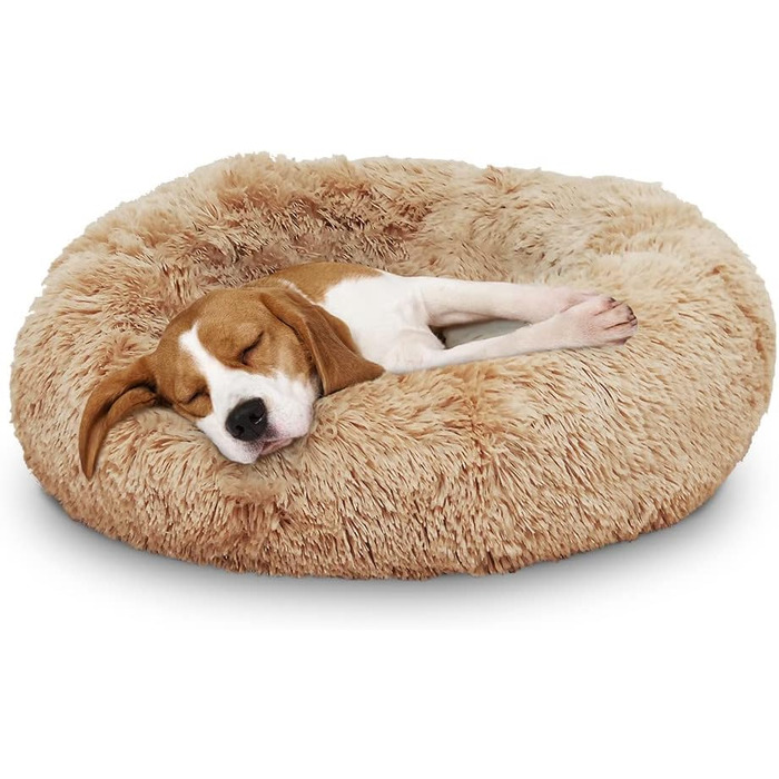 Ліжко для собак Mediashop Peaceful Pooch M, 76 см, бежеве, плюшевий донат, знімний та праний чохол, водо- та брудовідштовхувальне, ортопедичне, з антиковзкими ніжками