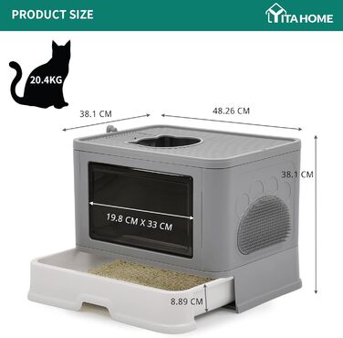 YITAHOME туалет для котів з кришкою, великий лоток для котів Hop In, без запаху, з совком для наповнювача, легке очищення, сірий