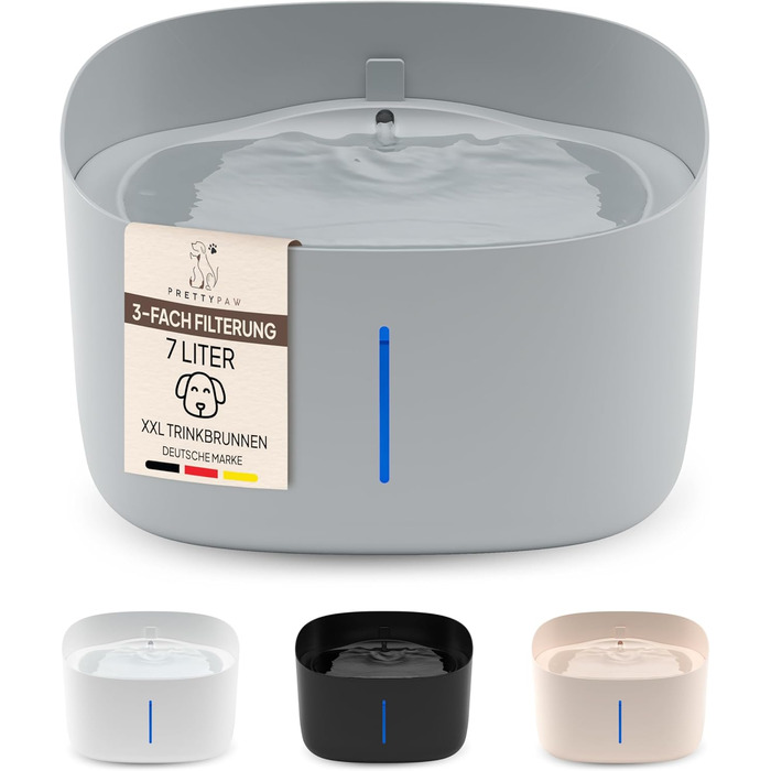 Тринкувалка для собак Pretty PAW®: тиха, 7л, з фільтром та LED, BPA-free, білий (сірий)