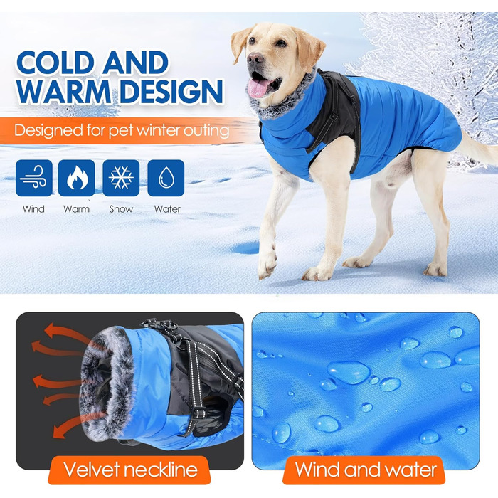 Зимовий одяг для собак, непромоканий та вітронепроникний, теплий з високим коміром, інтегрованим дзвоником, світловідбиваючими елементами та блискавкою – ідеальний для холодної погоди та снігу (Blue, XXL)