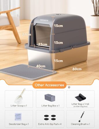 Котячий туалет MeoWant з нержавіючої сталі з кришкою, 81 л, закритий, тришаровий, герметичний, із педаллю, лопаткою та килимком, сірий