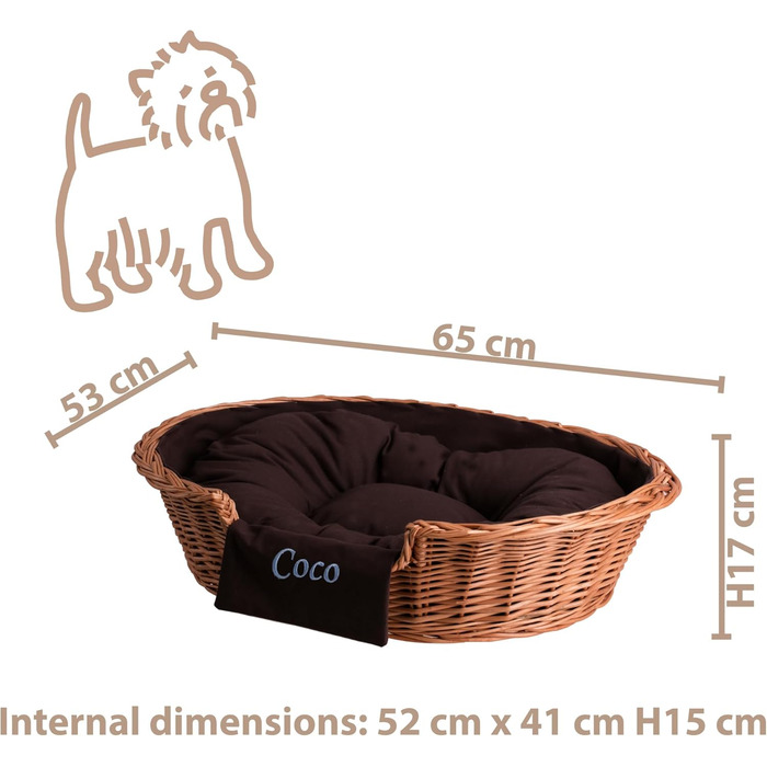 Корзина для собак та котів з плетеної лози з подушкою, 60x43x16 см