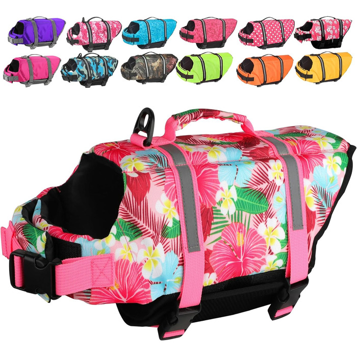 Жилет для плавання собак Doglay, світловідбиваючий, регульований, для малих, середніх та великих собак (Large, Рожевий з квіткою, 1)