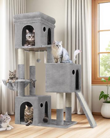Дерево для котів Globlazer XL сірого кольору з великою печерою для 2-4 котів, когтеточкою з сизалю, м'яким кошиком та іграшками, висота 133 см
