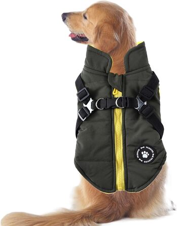 Водонепроникна куртка для собак з шлейкою та D-подібними кільцями, тепла, зелена, розмір L