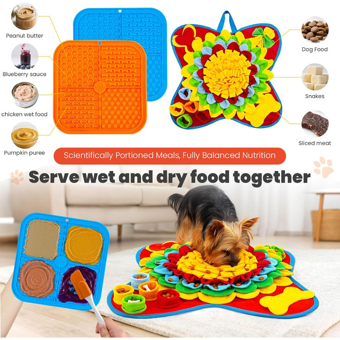 Набір килимків для собак: килимок для нюхання та килимок для ласощів. Інтерактивна іграшка-головоломка для цуценят, маленьких собак і котів. Розвиває когнітивні навички, стимулює розумову активність. Розміри: 38,1 x 38,1 см (килимок) + 20,3 x 20,3 см (кил