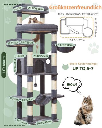 Комплекс для котів Taoqimiao 180 см XXL: Дряпка-стовпчик для великих котів (Мейн-кун), будиночок, гамак, платформа, 9 стовпчиків, кошик, темно-сірий