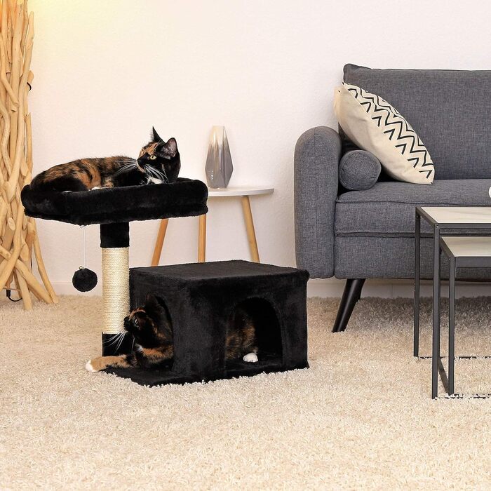 Дряпка для котів Lionto з лежаком та печерею, 50 см, з м'ячиком та дзвіночком, мотузкою з сизалю та плюшем, підходить для котів будь-якого розміру (Чорний)