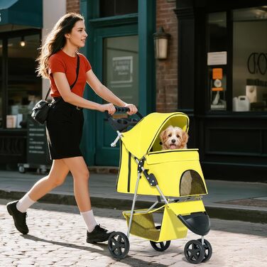 Дитяча коляска для котів та собак, 3 колеса, жовта. Коляска для тварин середнього розміру та цуценят, 13,6 кг, з кошиком для зберігання та тримачем для напоїв