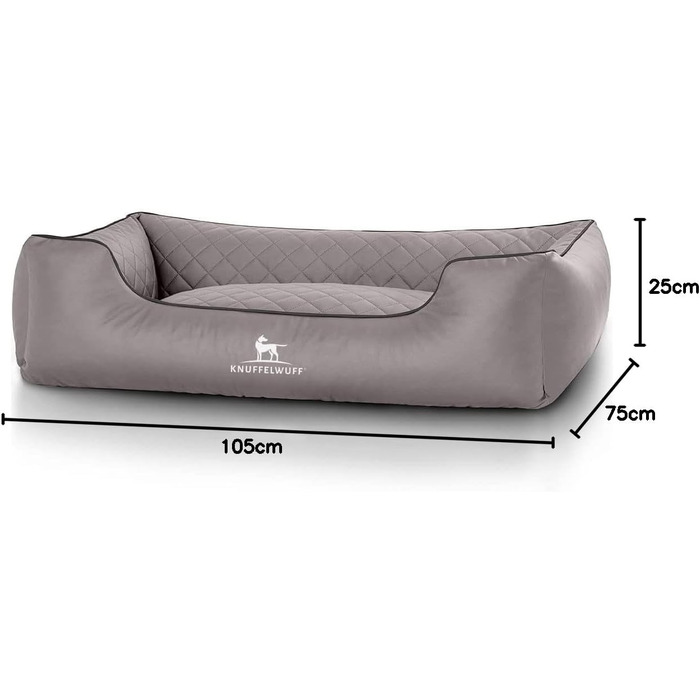 Ортопедичне ліжко для собак Knuffelwuff Madison із прошитої екошкіри XL 105x75 см, сіре, знімний чохол, легко чистити, для великих, середніх і малих собак