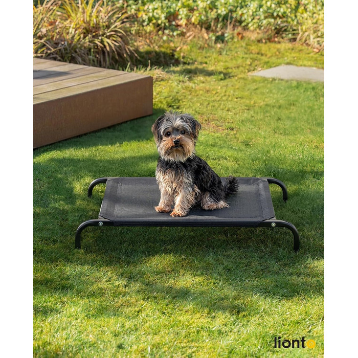 Лежанка для собак Lionto Outdoor, 75x47 см, піднята, з металевим каркасом, чорна, знімний дихаючий чохол