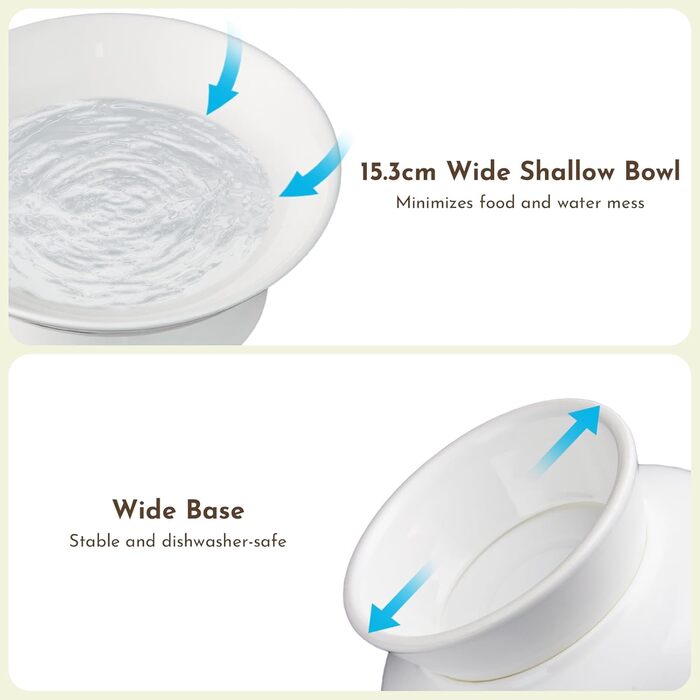 Миски для котів з кераміки, 2 шт., 15,3 см, підняті миски для корму, миски для кошенят та дорослих котів, анти-блювотні миски (білі)