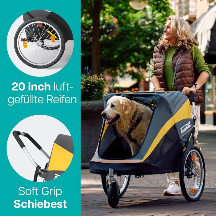 Візок для собак Innopet Hercules 2-в-1 (також велосипедний причіп) жовто-сірий - до 50 кг, з перетворювачем та дощовим покривом, внутрішні повідки, повітряні колеса 45 см