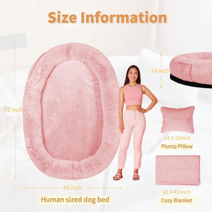 Ліжко для собак та людей NESTROAD, 180x114x35 см, рожеве. Зручне ліжко-мішок з штучним хутром, ковдрою та подушкою.