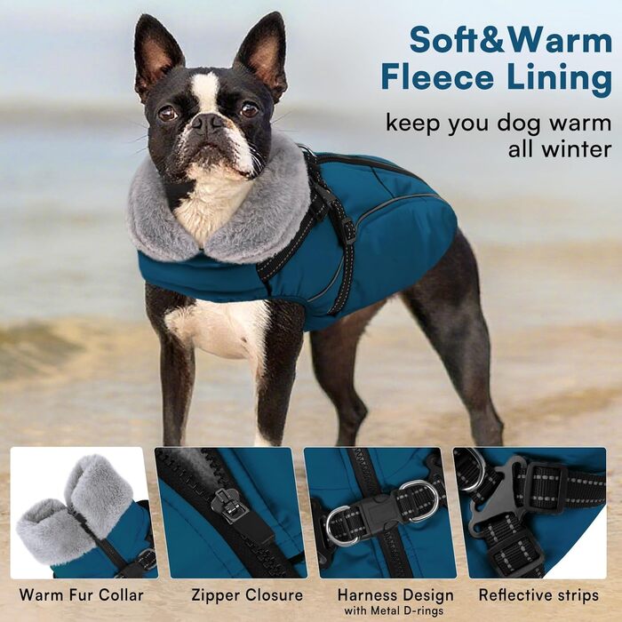 Зимовий теплий водонепроникний одяг для собак Queenmore, куртка для собак з шлейкою, 3-шаровий, світловідбиваючий, для великих порід (Лабрадор, Хаскі, Голден Ретрівер) (2XL) (XS, Коеліновий блакитний)