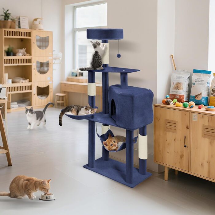 Кігтеточка-комплекс YRHome Katzenbaum (133.5 см) з платформами, гамаком та ігровим будиночком (блакитно-сірий)