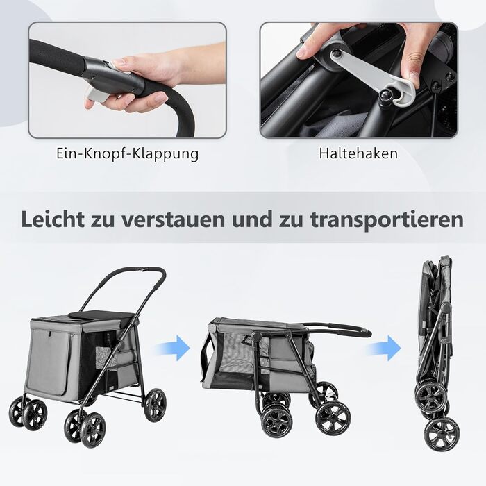 GYMAX Візок для собак, складний, до 40 кг, з кишенями, візок-тролей для собак та котів, сітчасті вікна, універсальні колеса та ручка (Сірий)