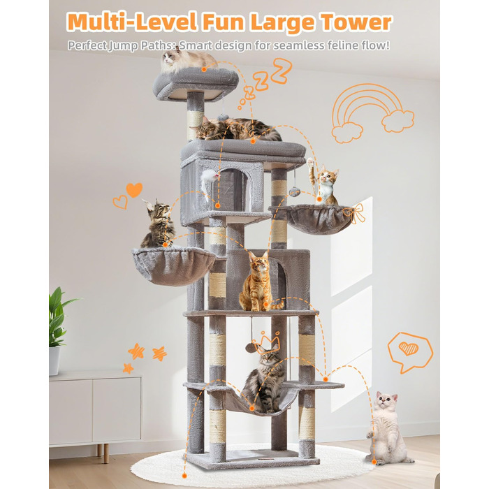 Котячий комплекс Taoqimiao MS044W, 190 см, сірий: багатоярусна котяча вежа з 2 будиночками, гамаком, 8 стовпчиками для дряпання та 2 підвісними кошиками