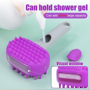 Щітка для миття собак 2-в-1 з дозатором миючого засобу 200мл, двостороння масажна щітка для котів, собак, кроликів та пухнастих тварин, фіолетова