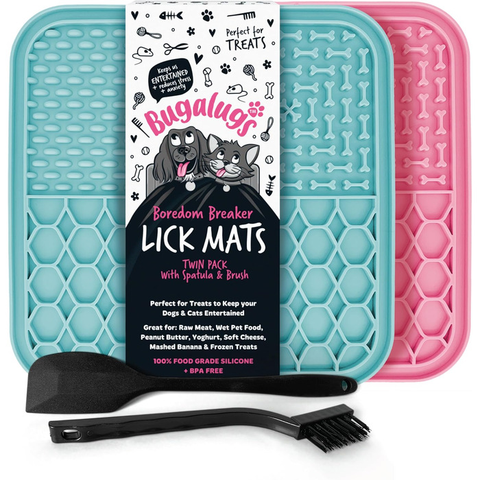 Килимок для годування собак та котів Bugalugs Licky Mats, 2 шт. (рожевий/блакитний), 100% харчовий BPA-free, зменшує стрес та тривогу