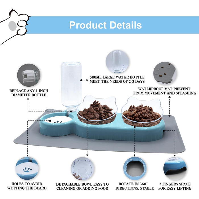 Набір мисок для котів та собак 2-в-1 з диспенсером води, антиковзаючою підкладкою та лопаткою (блакитний)