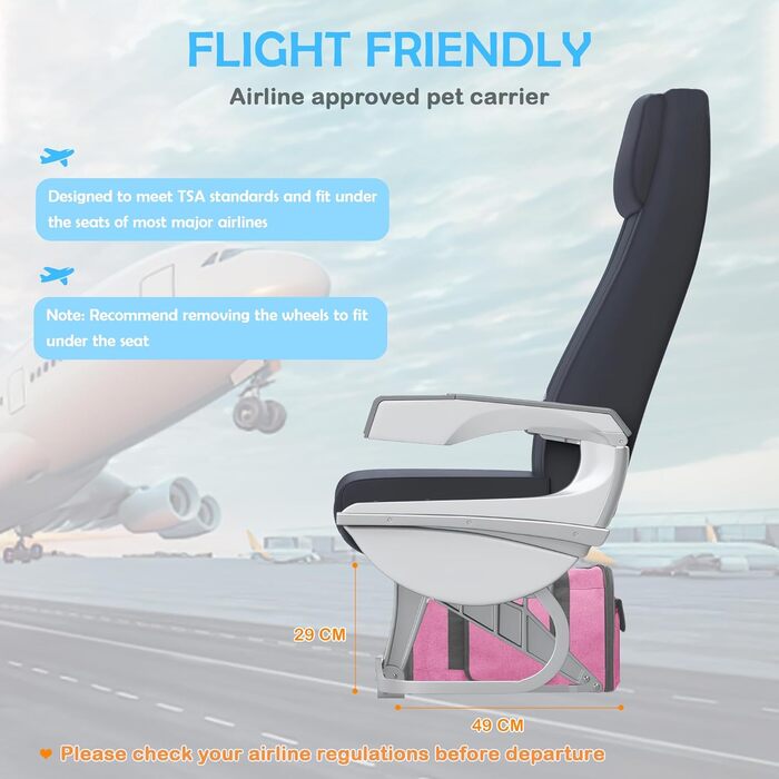Переноска для тварин ALLSOPETS з колесами для котів та собак, схвалена для авіаперельотів, з висувним ручками, знімними колесами та плечовим ременем, рожева
