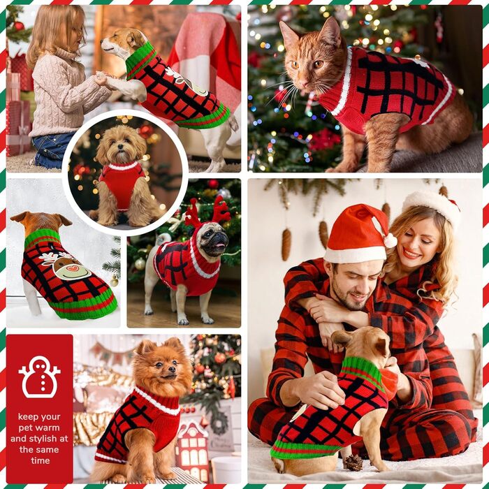 Теплий святковий пуловер для собак з отвором для шлейки, червоний в клітинку, олень. Підходить для малих, середніх та великих собак, котів. Ідеальний для осені та зими.