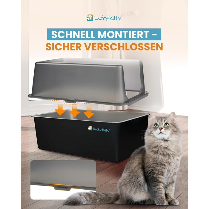 Котлочистка Lucky-Kitty Edelstahl 60x40x20 см з кришкою | XXL, не пропускає запахи, чорна | Котлочистка для котів, не витікає