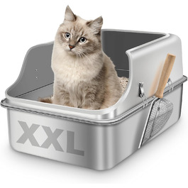 Великий котячий туалет з нержавіючої сталі XXL з високим бортом, відкрита кішкова туалетна коробка з металевою лопаткою, легко миється (60x40x35 см)