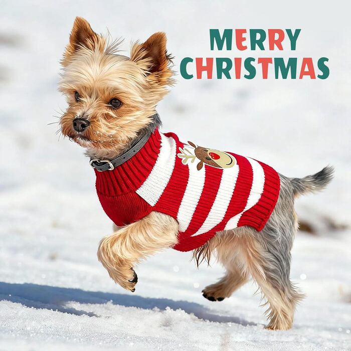 Пуловер для собак на Новий рік, теплий, м'який, осінньо-зимовий, з високим коміром, в'язаний, одяг для цуценят, милий олень, червоний, светри для собак, святковий, з короткими рукавами, (XXS (1-3 lbs), червоний/білий)