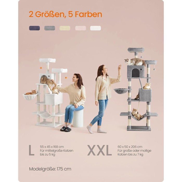 Когтеточка для котів Feandrea, 168 см, велика, з 13 когтеточковими стовпами, 2 платформами, 2 будиночками, гамаком, м'ячиками, PCT165W01, пастельно-рожевий