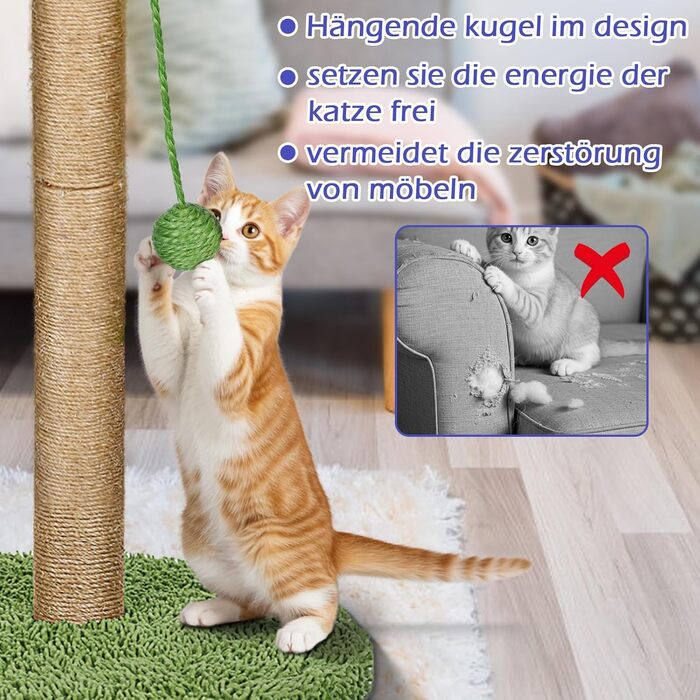 Котячий будиночок з дряпальною колоною Eukue, 80 см, білий/зелений, з платформою, мотузкою та стійкою основою