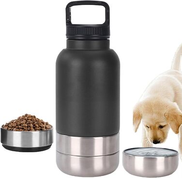 Портативна пляшка для собак з мисками для води та корму, 3-в-1, ізольована сталева пляшка для подорожей, прогулянок, походів (чорна)