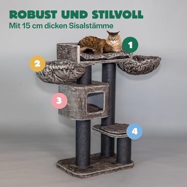 Дряпка для великих котів RHRQuality Devon Rex Plus 120 см, з 15 см сизалевими стовпами та ігровим будиночком, чорна лінія, тауп