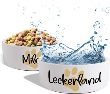 Керамічний двомісний набір мисок з іменем або текстом для собак та котів 'Велика лапа' - персоналізований набір мисок з/без підставки | Миска для собак, годівниця, миска для котів | Годівниця (2 x 500 мл)