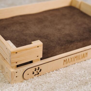 Персоналізоване ліжко для котів LAUBLUST з іменем - гравіювання лапок та імені - котяче ліжко/софа для великих та маленьких котів | Ліжко-лежанка з дерева з подушкою | приблизно 60x40x15см, коричневе з коричневою подушкою