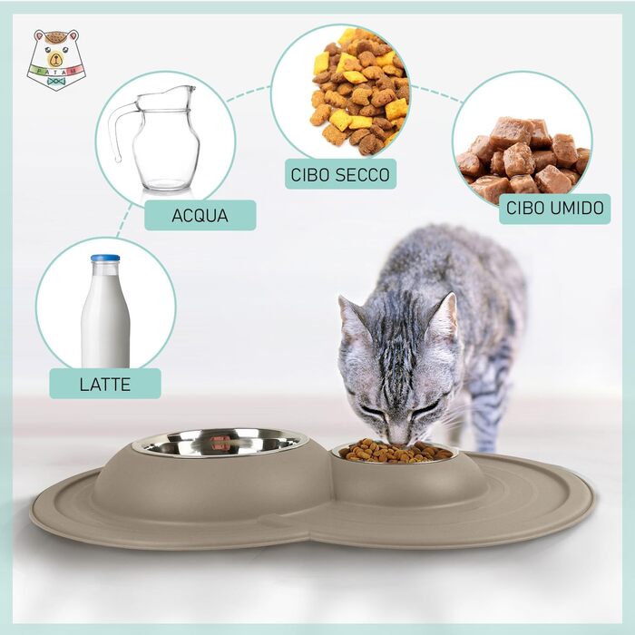 Миска для котів Patam Doppel з нержавіючої сталі з антиковзною підкладкою, не перекидається, виготовлена в Італії, Jerry Grün (Tom Beige)