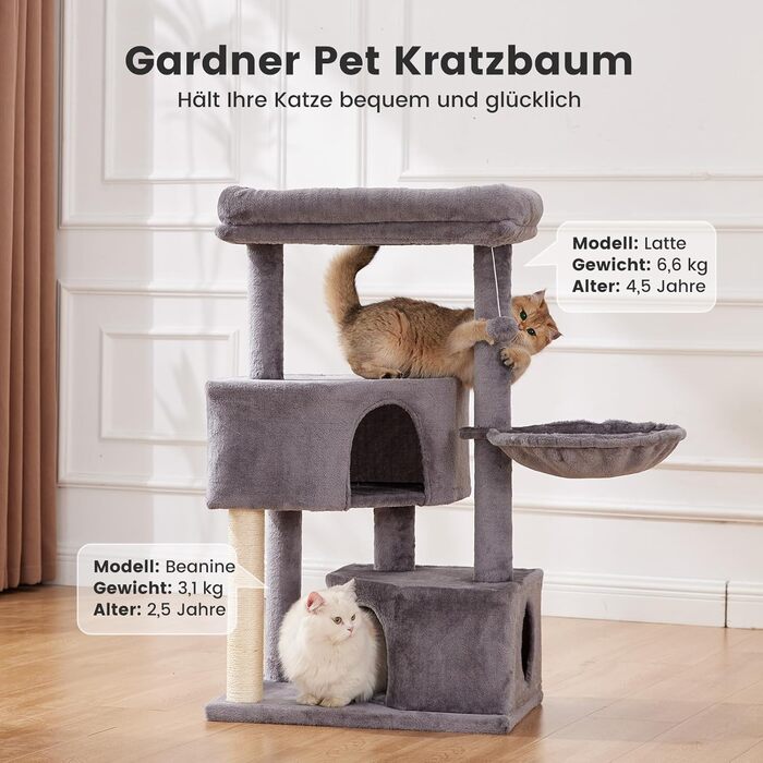 Кліматизатор для котів Gardner Pet Katzenbaum, 105 см. Кліматизатор з дряпальною колоною, платформою, 2 печерами, кошиком, сірий (59 x 44 x 105 см)