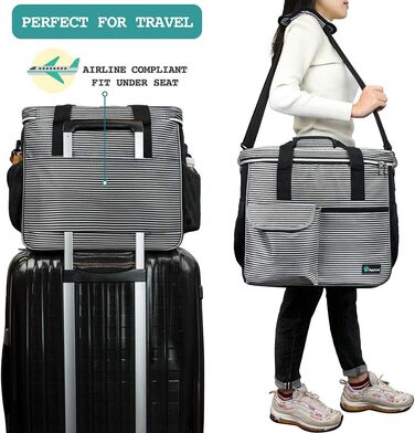 PetAmi переносна сумка для собак, відповідна вимогам авіакомпаній, органайзер з багатофункціональними кишенями, контейнер для їжі та складний миска, чорний, велика (L 37 x B 20 x H 30 cm), смужка, чорний